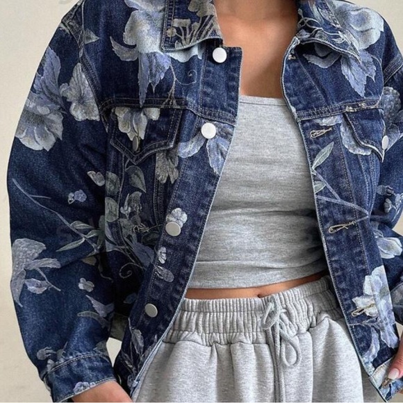 Boho Floral Print Pocket Denim Jeans Jacket Blue - Picture 2 of 4
